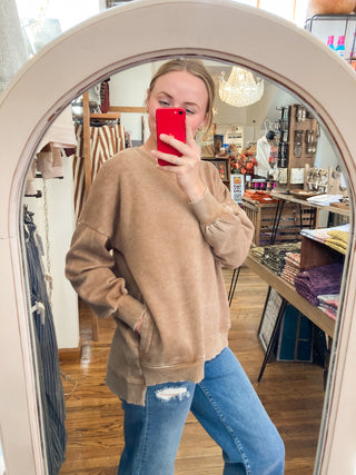 Deep Camel Acid Wash Fleece Hi-low Hem Sweatshirt ZN-68