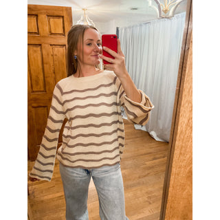 Cream Striped Pointelle Bell Sleeve Sweater Top DR-28