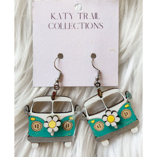 Teal Bus Wooden Earrings