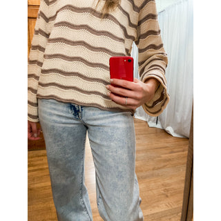 Cream Striped Pointelle Bell Sleeve Sweater Top DR-28