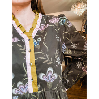 Brown Color Contrast Detail Floral Tiered Dress JO-08