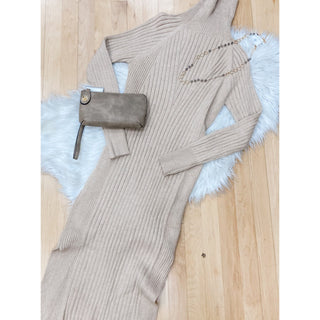 Turtleneck Ribbed Sweater Midi Dress BI-07