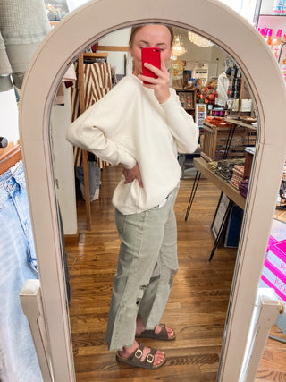 Olive Acid Washed High Waist Distressed Straight Pants ZN-74