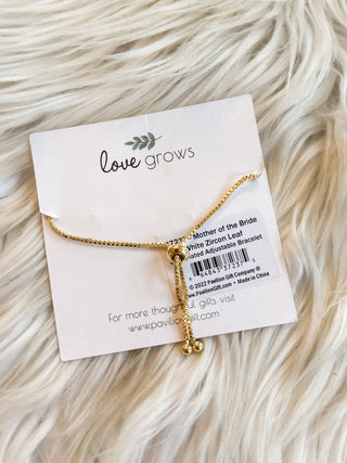 Mother of the Bride White Zircon Leaf Bracelet | Gold Plated | Adjustable
