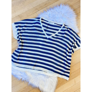V-Neck Oversized Striped Sweater Top in Midnight | MS-08