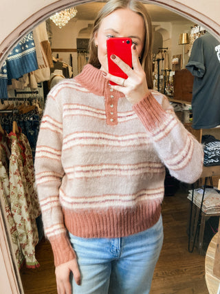 Terracotta Wavy Stripe Button Collar Brushed Sweater | BC-44