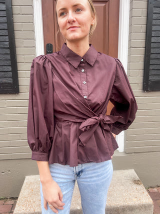 Chocolate Long Puff Sleeve Tie Front Collared Button Up EN-01