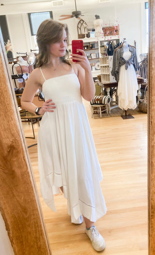 Hem and Thread Smocking Asymmetrical Hem Cami Dress in White HT-05