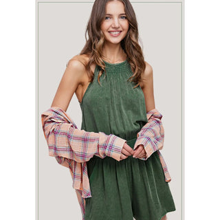 Mineral Washed Sleeveless Mini Romper with pocket | La Miel | LM-22
