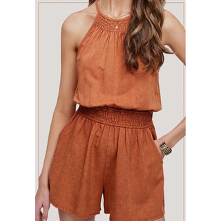 Mineral Washed Sleeveless Mini Romper with pocket | La Miel | LM-22
