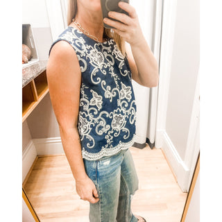 Embroidered Denim Boxy Tank | Lined | Doe & Rae | DR-16