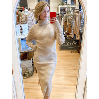 Turtleneck Ribbed Sweater Midi Dress BI-07