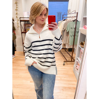 Quarter Zip-up Stripe Pullover Sweater BI-10