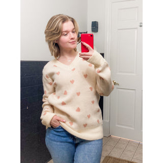 Hannah Heart V-Neck Sweater Top - Cream with Pink Hearts - DR-02