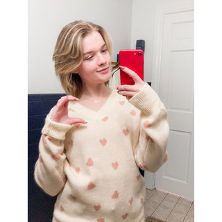 Hannah Heart V-Neck Sweater Top - Cream with Pink Hearts - DR-02