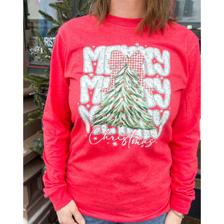 Merry Christmas Tree Heather Red Long Sleeve Tee | KT-247
