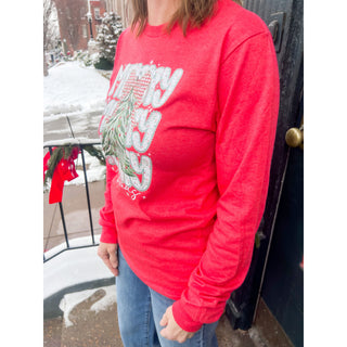 Merry Christmas Tree Heather Red Long Sleeve Tee | KT-247