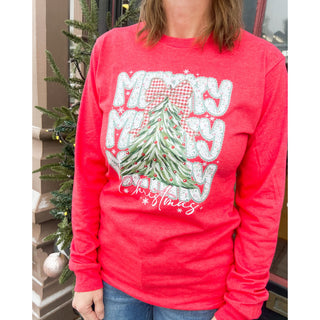 Merry Christmas Tree Heather Red Long Sleeve Tee | KT-247
