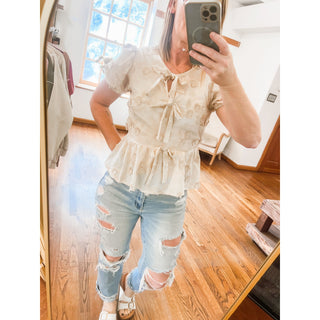 Embroidered Flower Puff Sleeve Top with Front Tie | Light Khaki | BP-52