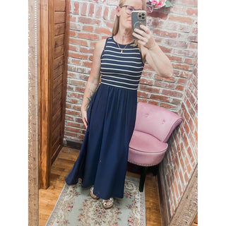 Stripe Tank Sleeveless Mixed Media Maxi Dress | BP-53
