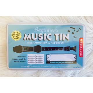 Beginner’s Music Tin with Harmonica & Recorder with Cotton Carrying Bag, Kikkerland Design