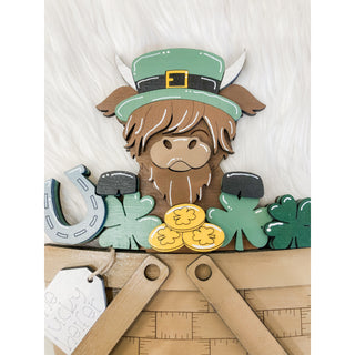 Highland Cow in Basket | Leprechaun St. Patrick’s Day | Wooden Shelf Decor | STP-02