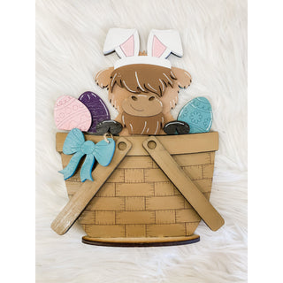 Highland Cow in Basket | Easter | Wooden Shelf Decor | EAS-01