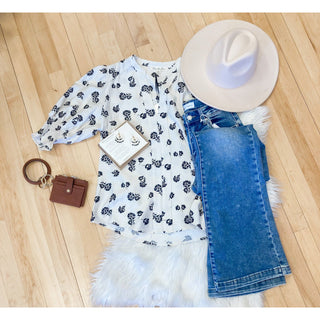 Boat Neck Puff Short Sleeve Floral Printed Blouse VL-03