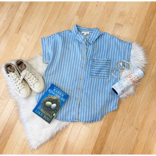 Striped Chambray Short Sleeve Button Down Shirt | BP-37