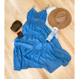 Chambray Sleeveless Tiered Midi Dress | BP-40
