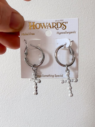 Cera Pearl Cross Hoop Earrings by Howard’s Jewelry