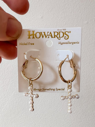 Cera Pearl Cross Hoop Earrings by Howard’s Jewelry
