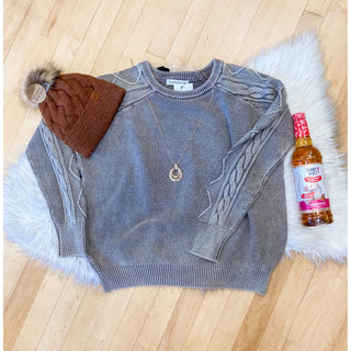 Washed Cable Sleeve Crewneck Sweater | ZN-38