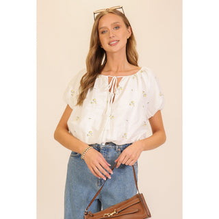 Meadow Bloom Tie Neck Puff Sleeve Top | LU-01