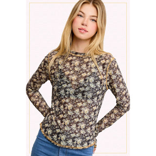 Semi Sheer Mesh Layering Top | Crew Neck | Long Sleeve | LM-25