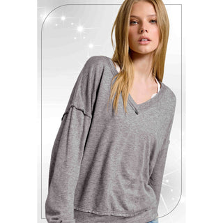 Soft V-Neck Cut Edge Long Sleeve Top | La Miel | LM-27