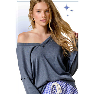 Soft V-Neck Cut Edge Long Sleeve Top | La Miel | LM-27
