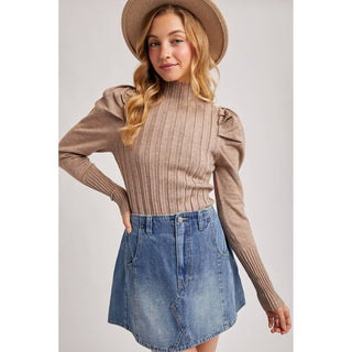 Mock Neck Puff-Sleeve Knit Top | BI-35
