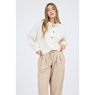Chic Collared Split-Neck Button-Down Blouse with Raw Edges BP-06