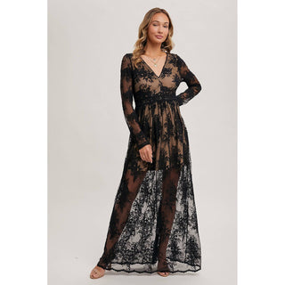 Boho Floral Lace V-Neck Maxi Dress With Lining BI-12