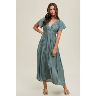 Satin Flutter Sleeve Midi Dress WA-03