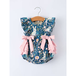 Teal Easter Bunny Garden Smocked Romper | RF-04