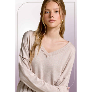 Soft V-Neck Cut Edge Long Sleeve Top | La Miel | LM-27