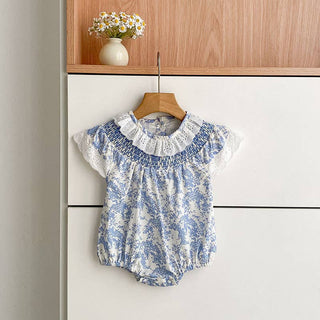 Blue Floral Smocked Matching Set Baby Romper/Dress RF-07