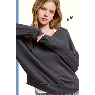 Soft V-Neck Cut Edge Long Sleeve Top | La Miel | LM-27