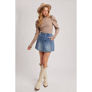 Mock Neck Puff-Sleeve Knit Top | BI-35