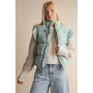Front Bow Ruffle Sleeve Puffer Vest | VJ-01