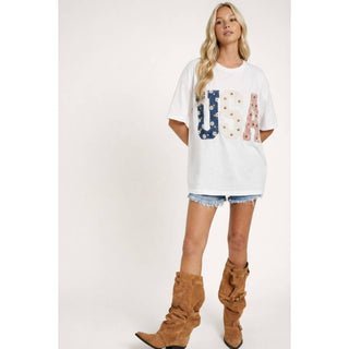 Mixed-Media Studded USA Graphic Tee | KA-01