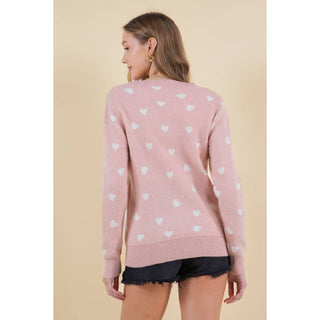 Hannah Heart V-Neck Sweater Top - Cream with Pink Hearts - DR-02