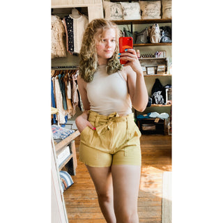 Mineral Washed High Waisted Shorts in Mustard EE-16